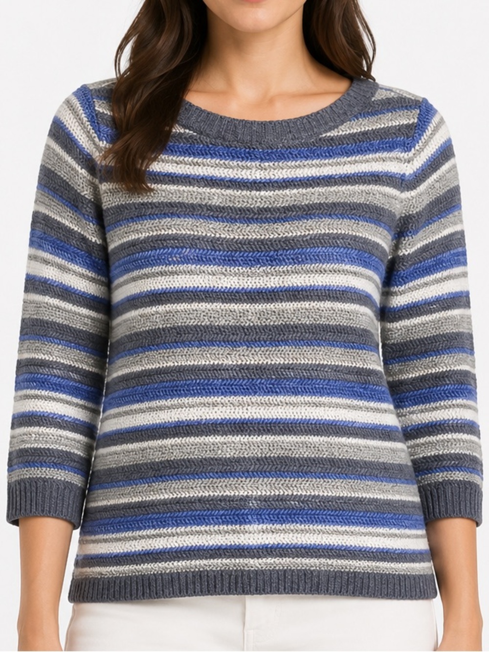 Talbots Blue White Grey Striped Knit Sweater